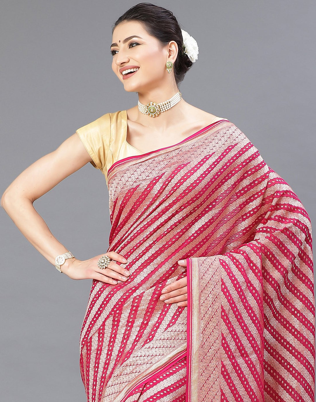 MBZ Meena Bazaar-Rani Georgette Banarasi Khaddi Saree