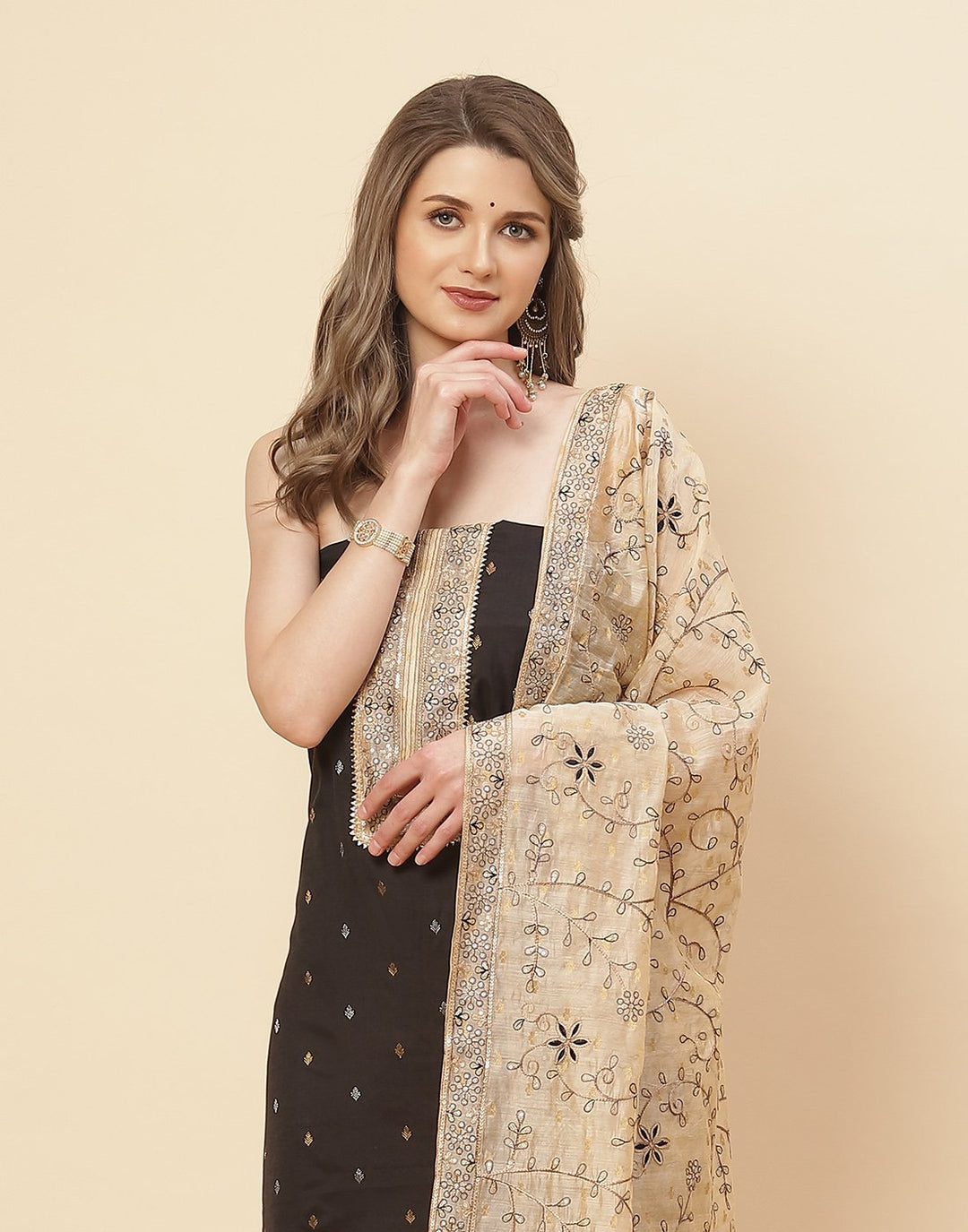 Embroidered Cotton Suit Piece With Embroidered Chanderi Dupatta