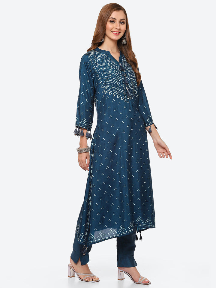 Bandhani Printed Banarasi A-Line Kurta With Pant