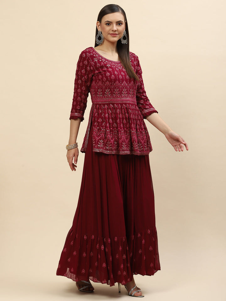 Sequin Embroidered Georgette Peplum Choli With Lehenga &amp; Dupatta