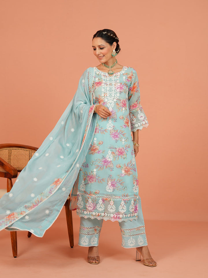 Digital Floral Printed Organza Kurta With Pants &amp; Dupatta