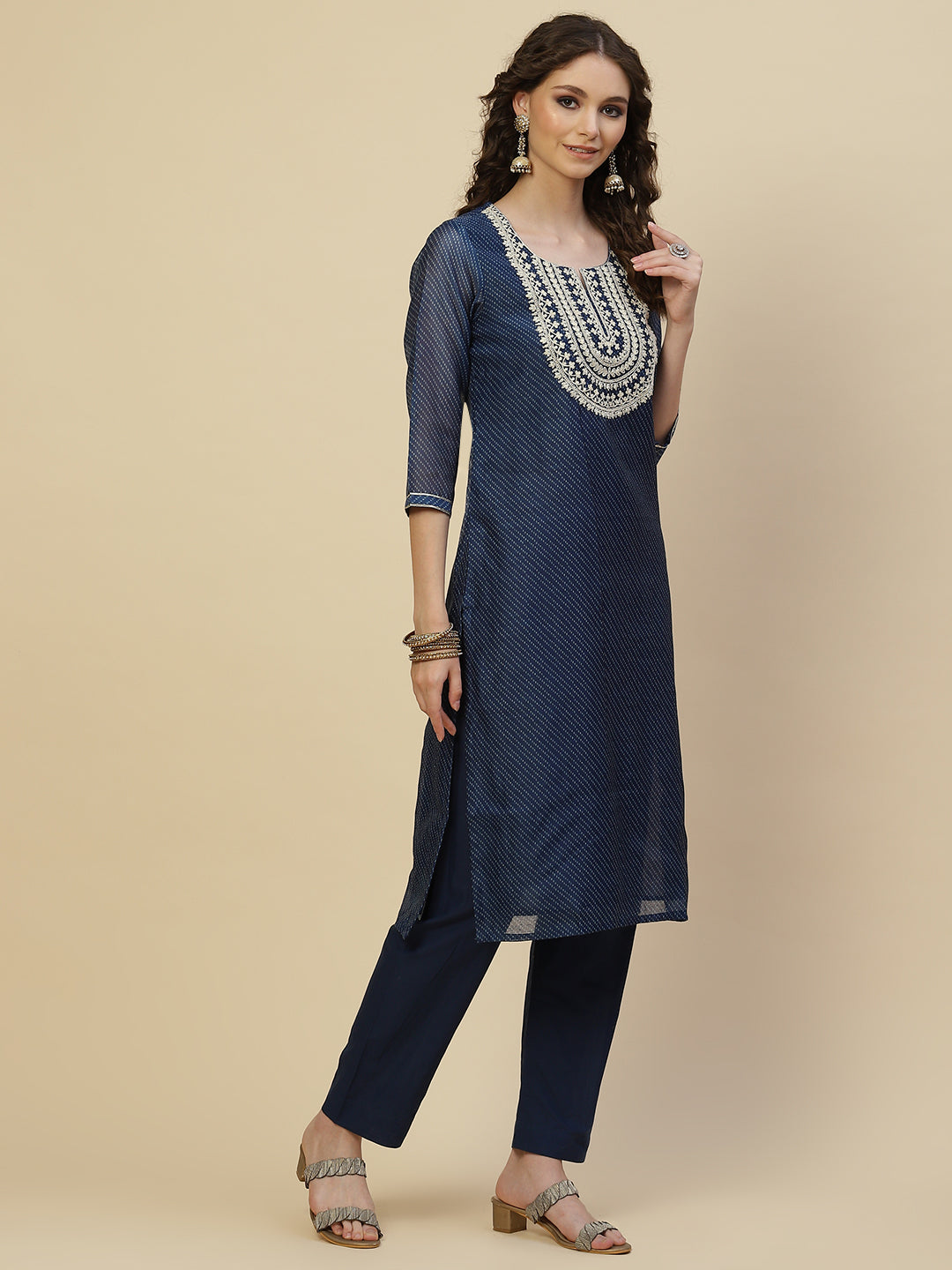 Printed Chanderi Kurta With Pants &amp; Dupatta