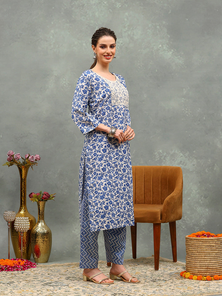 Printed Cotton Blend Kurta With Pants &amp; Dupatta