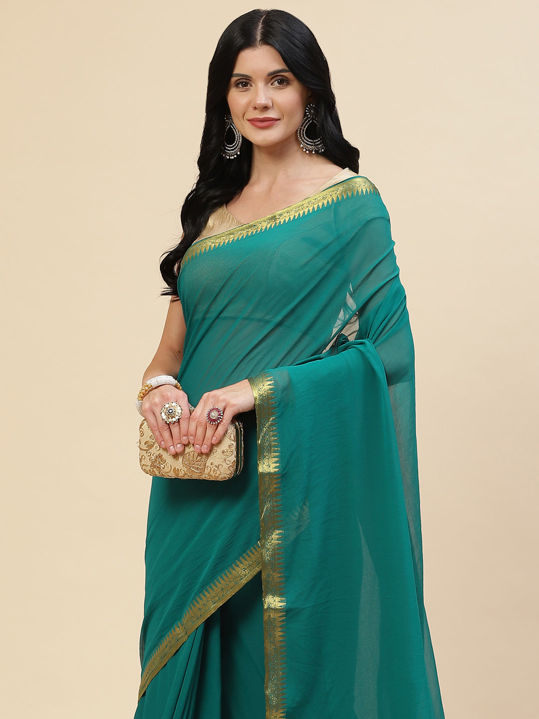Plain Zari Border Chiffon Saree