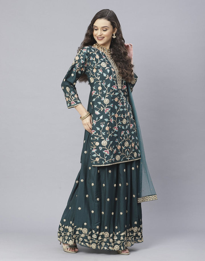 Rama Green and Hot Pink Art Crepe Salwar Kameez