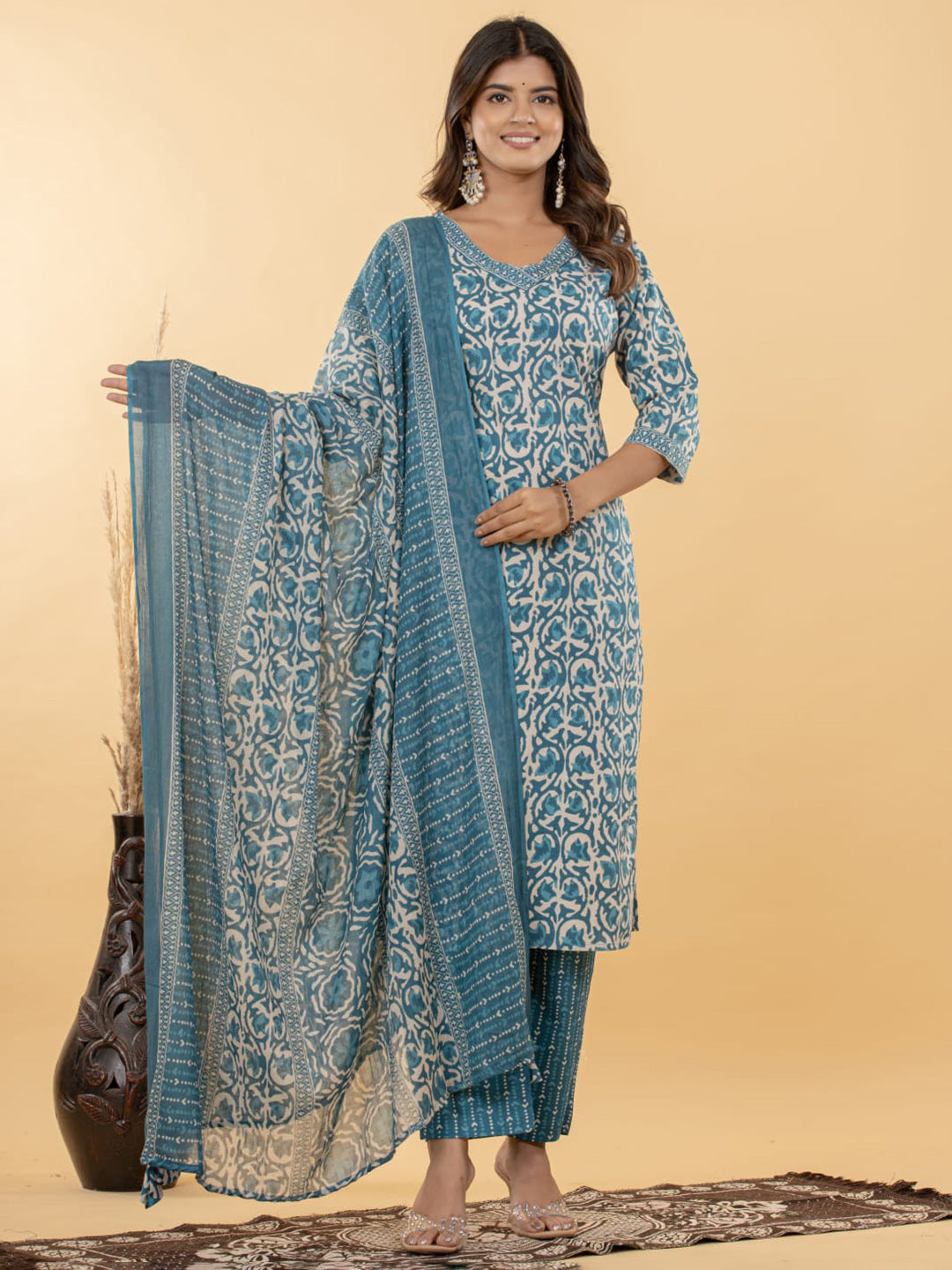 Light Blue Embroidered Cotton Blend Straight Suit Set With Dupatta