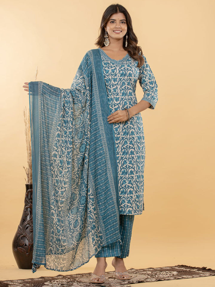 Light Blue Embroidered Cotton Blend Straight Suit Set With Dupatta
