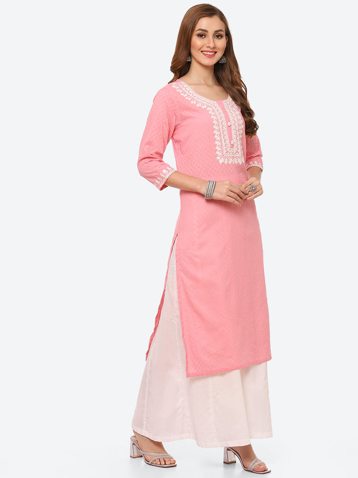 Resham Neck Embroidered Cotton Kurta With Sharara &amp; Dupatta