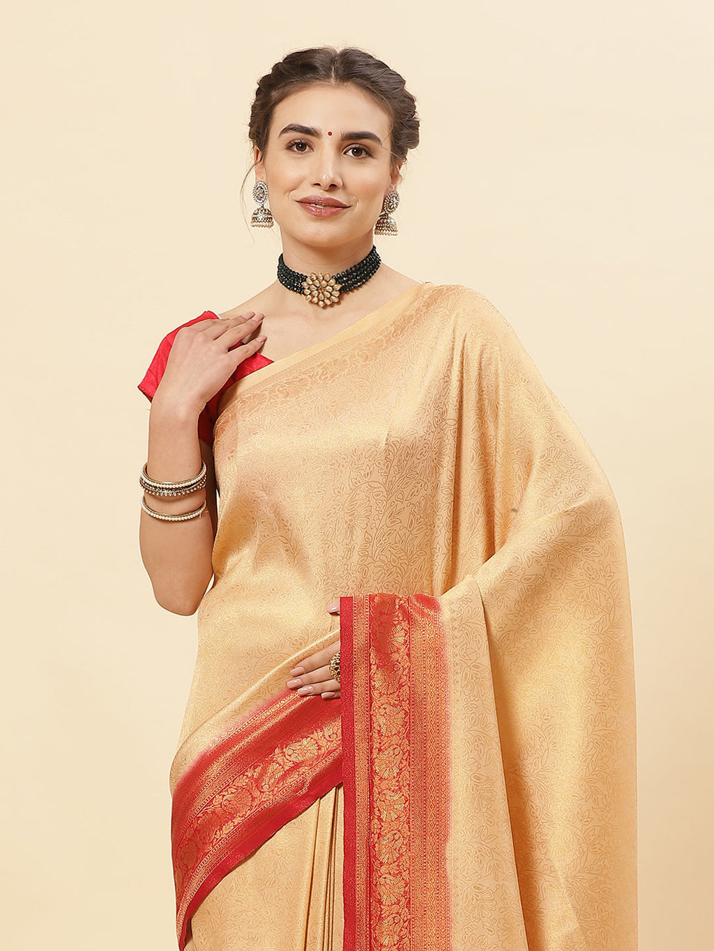 Brocade Zari Jaal Art Handloom Saree With Contrast Border