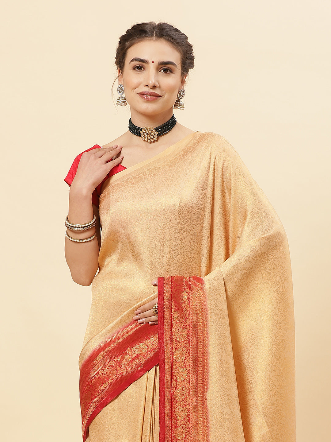 Brocade Zari Jaal Art Handloom Saree With Contrast Border