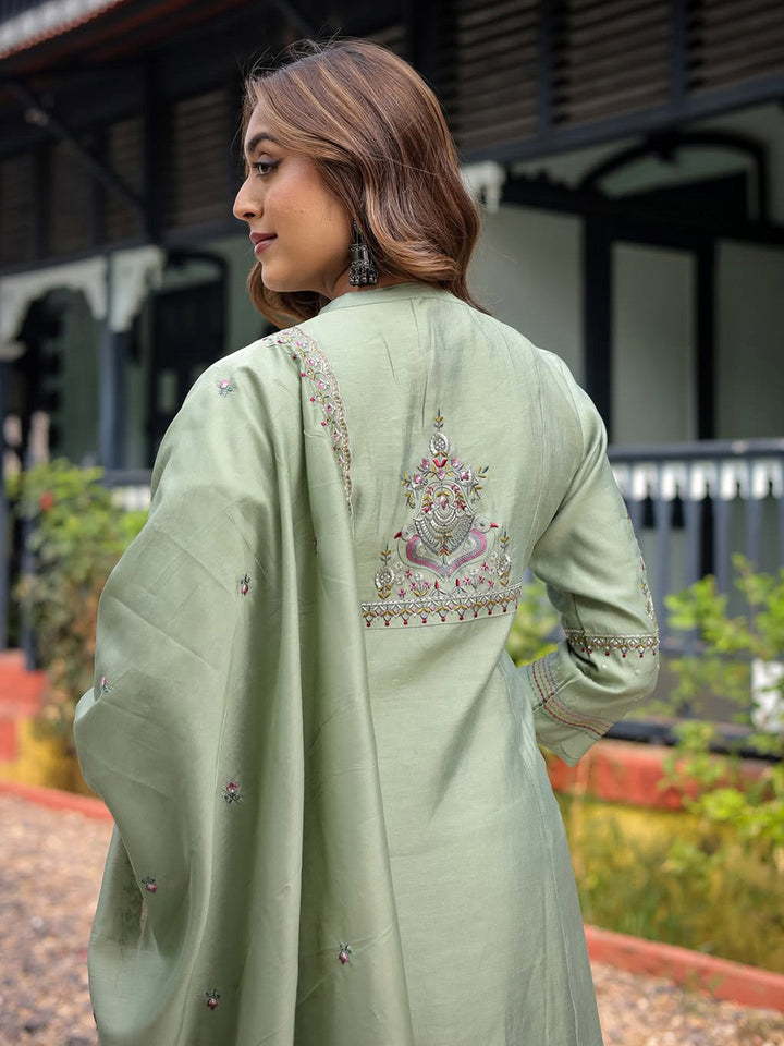 Embroidery Cotton Blend Kurta With Pants &amp; Dupatta