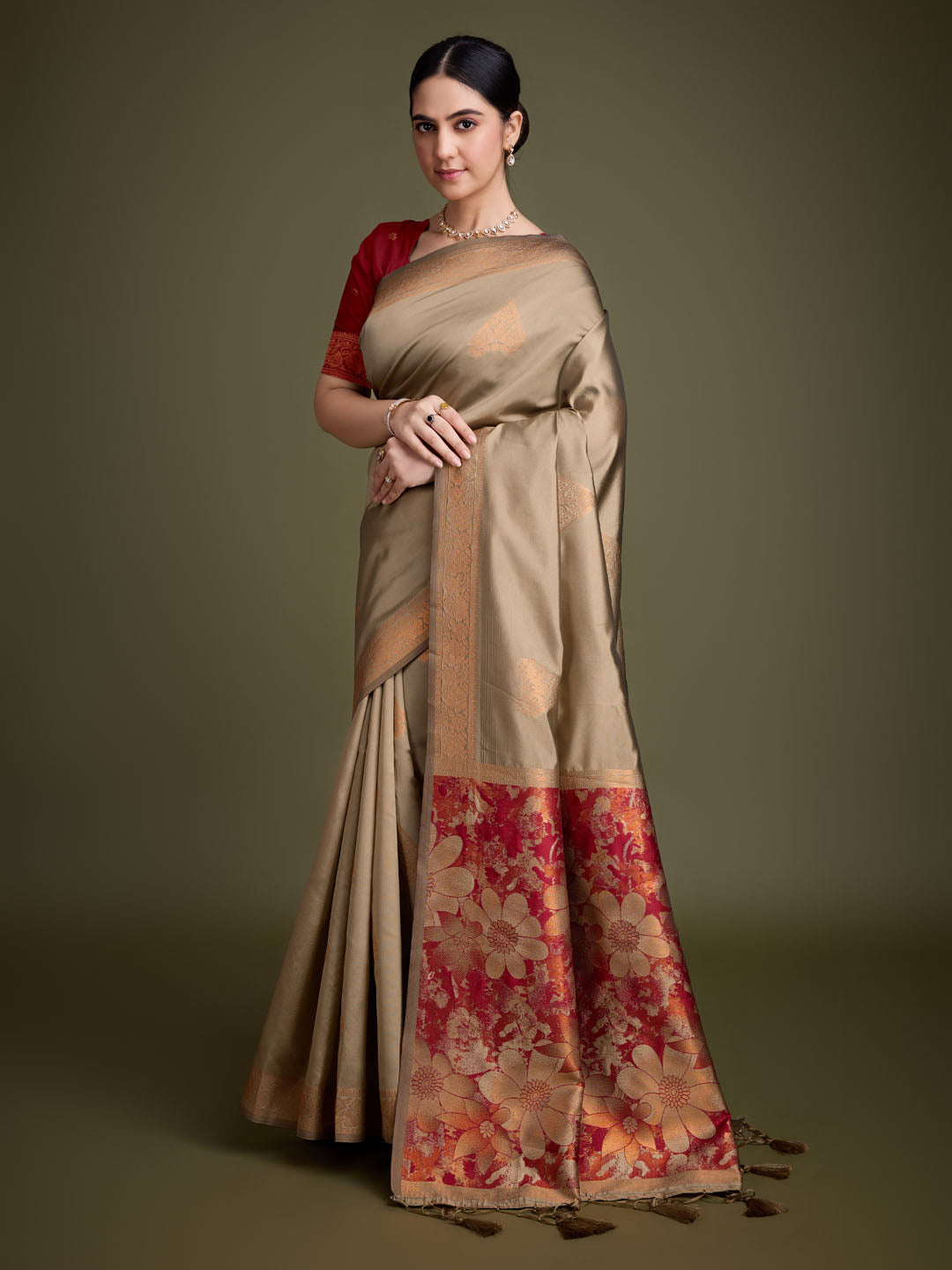 Zari Border Booti Art Silk Woven Saree