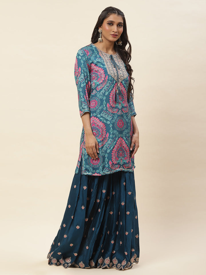 Floral Printed Cotton Kurta With Sharara &amp; Dupatta