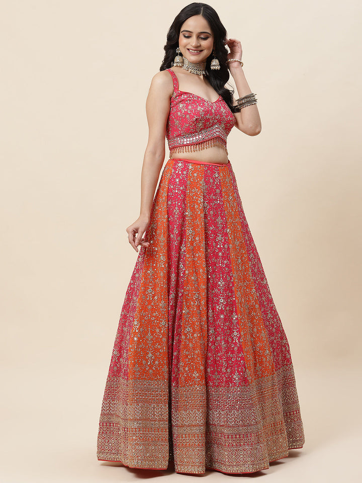 Zari Embroidered Georgette Choli With Lehenga &amp; Dupatta