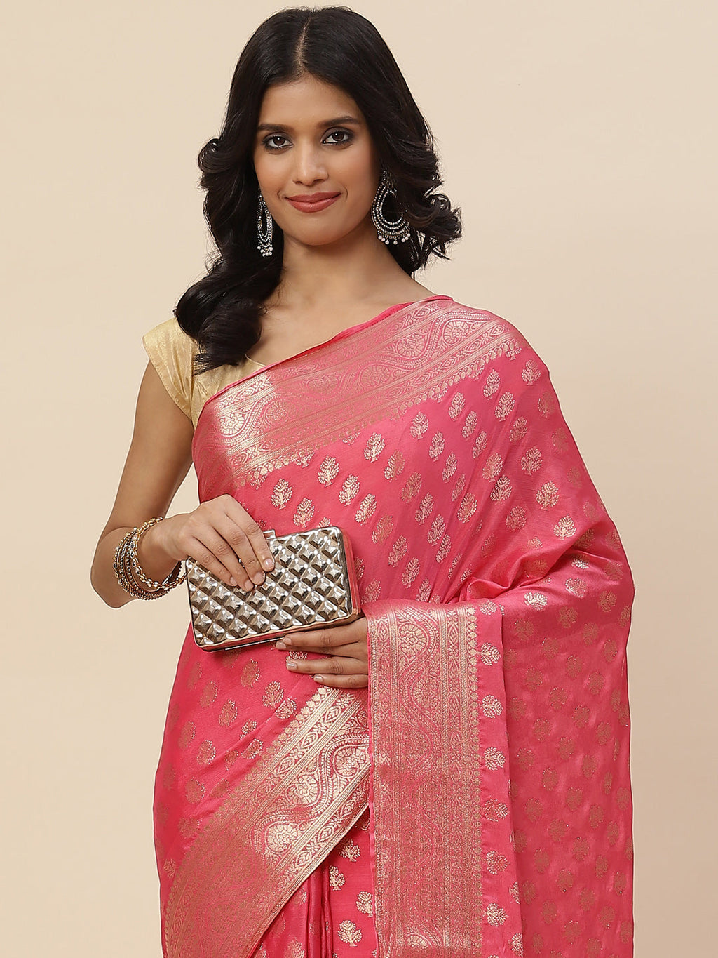 Zari Booti Crepe Plain Saree