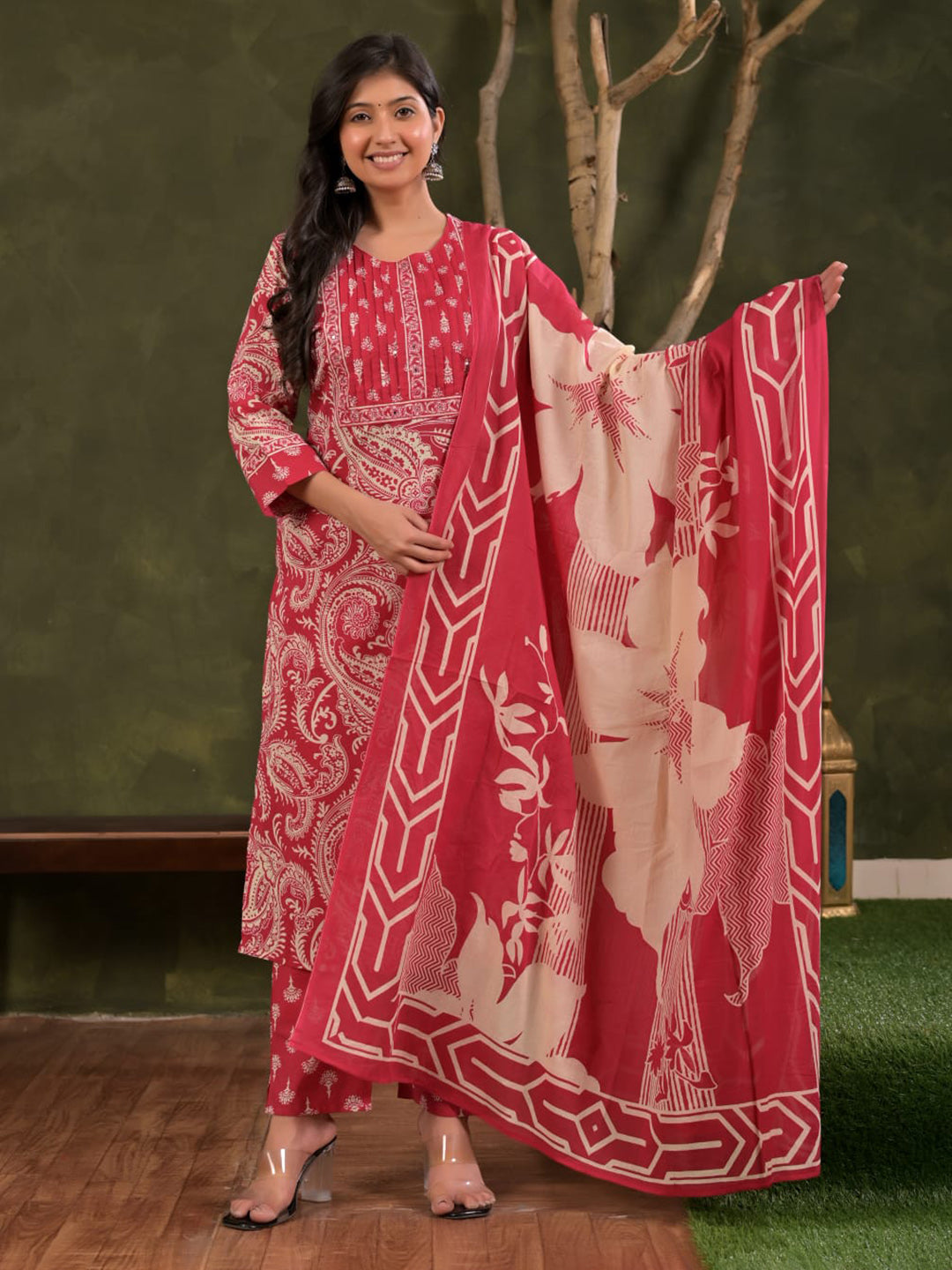 Magenta Embroidered Cotton Blend Straight Suit Set With Dupatta