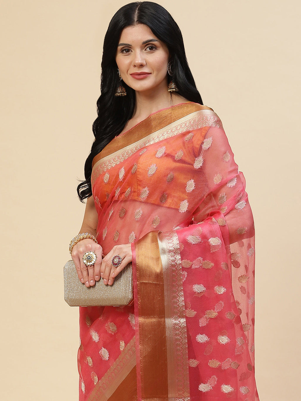 Antique Booti Organza Plain Saree