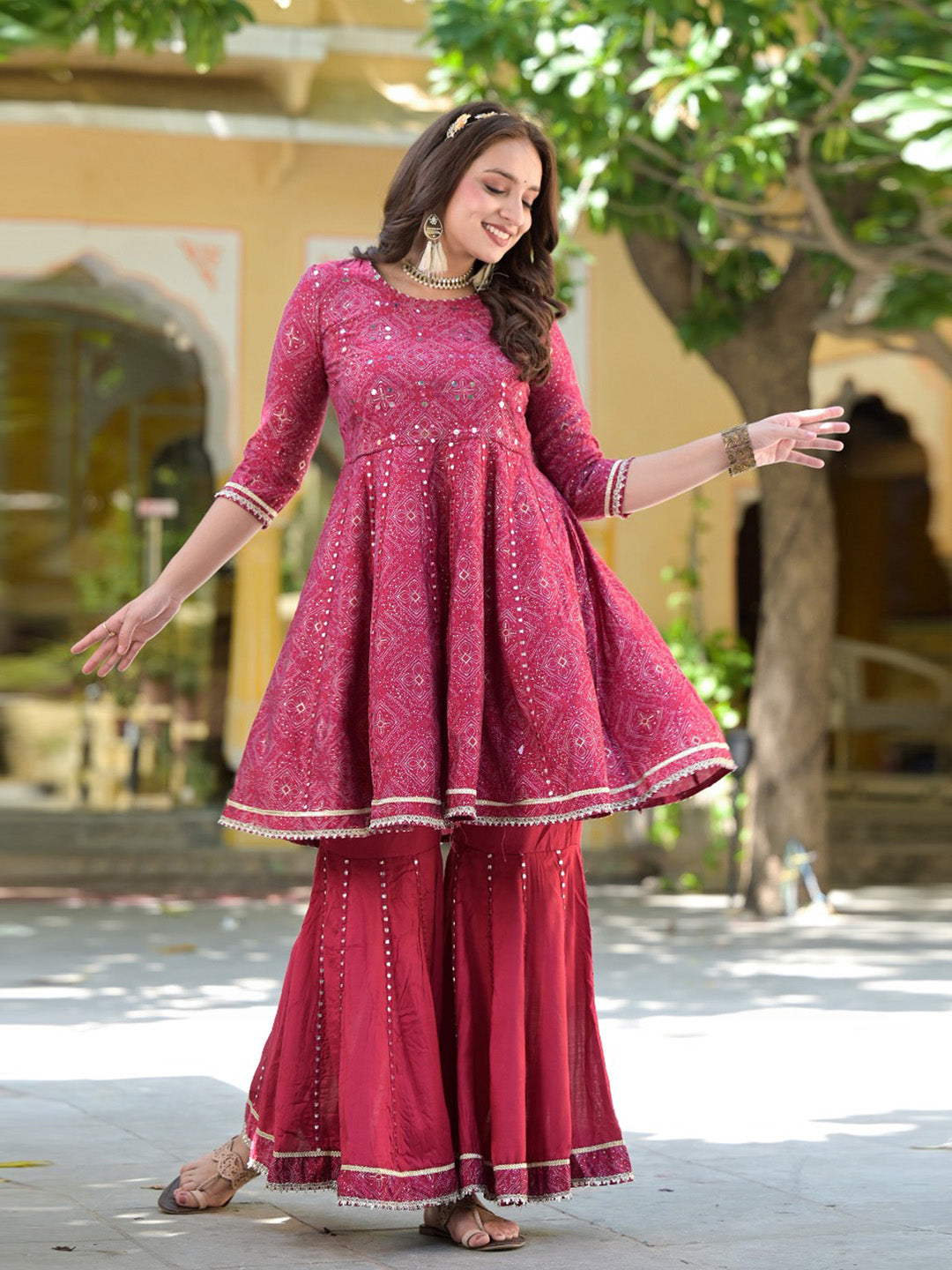 Bandhej Printed Cotton Kurta With Garara &amp; Dupatta