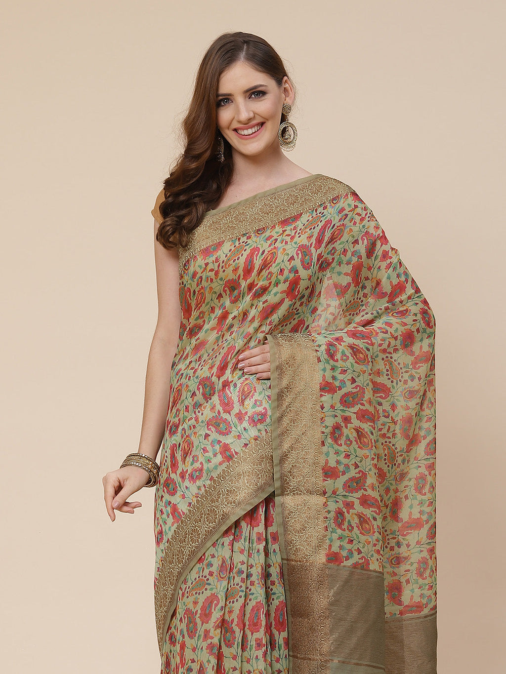 Printed Banarasi Border Pallu Cotton Saree