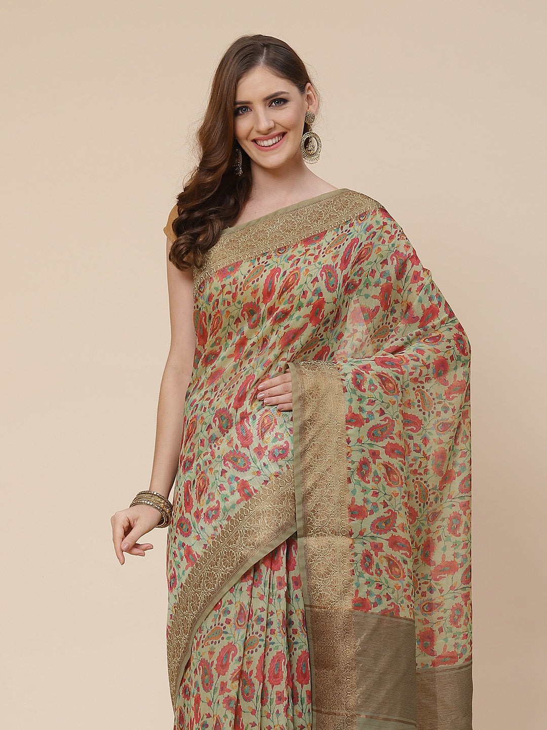 Printed Banarasi Border Pallu Cotton Saree