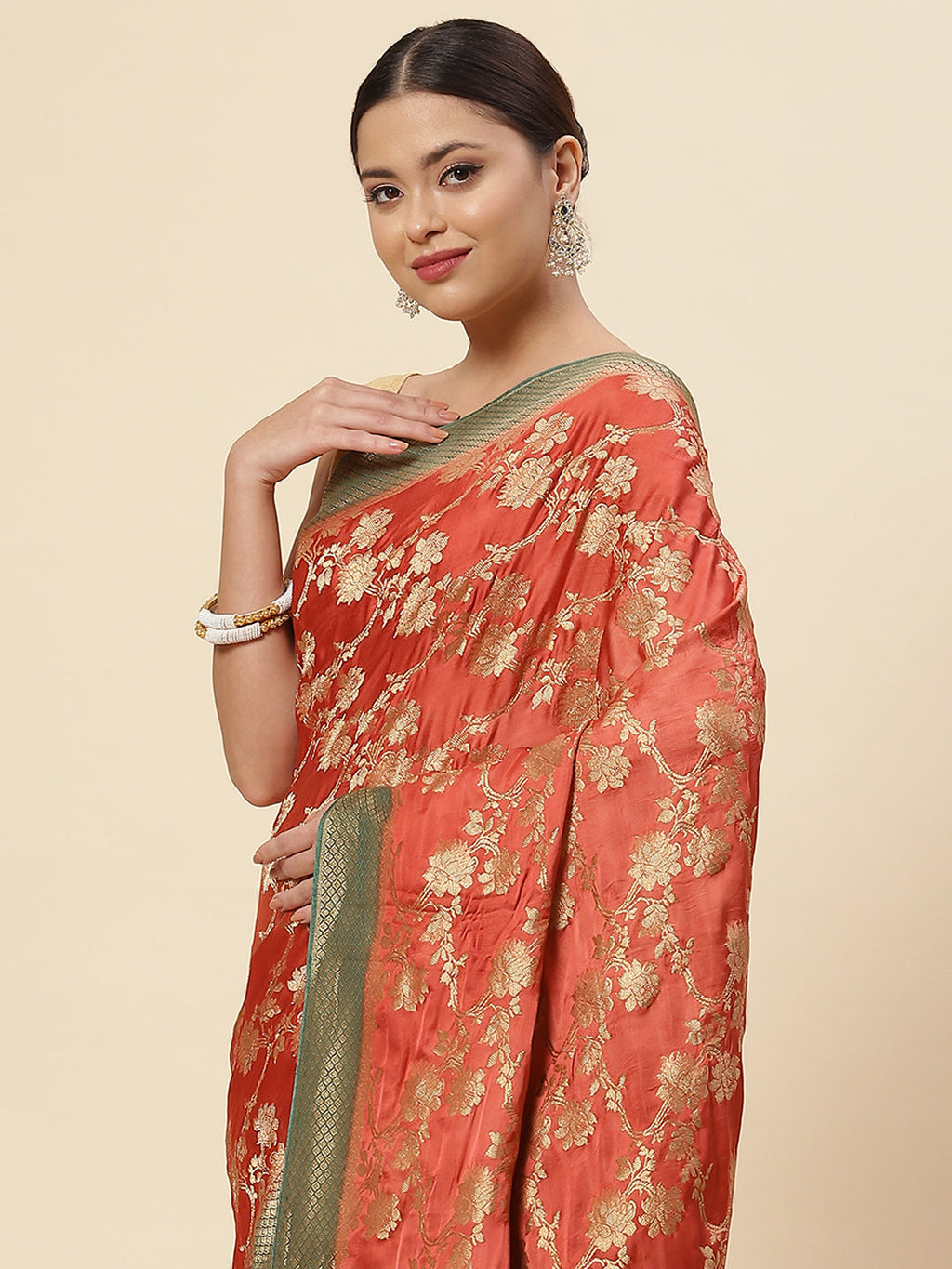 Floral Jaal Satin Plain Saree