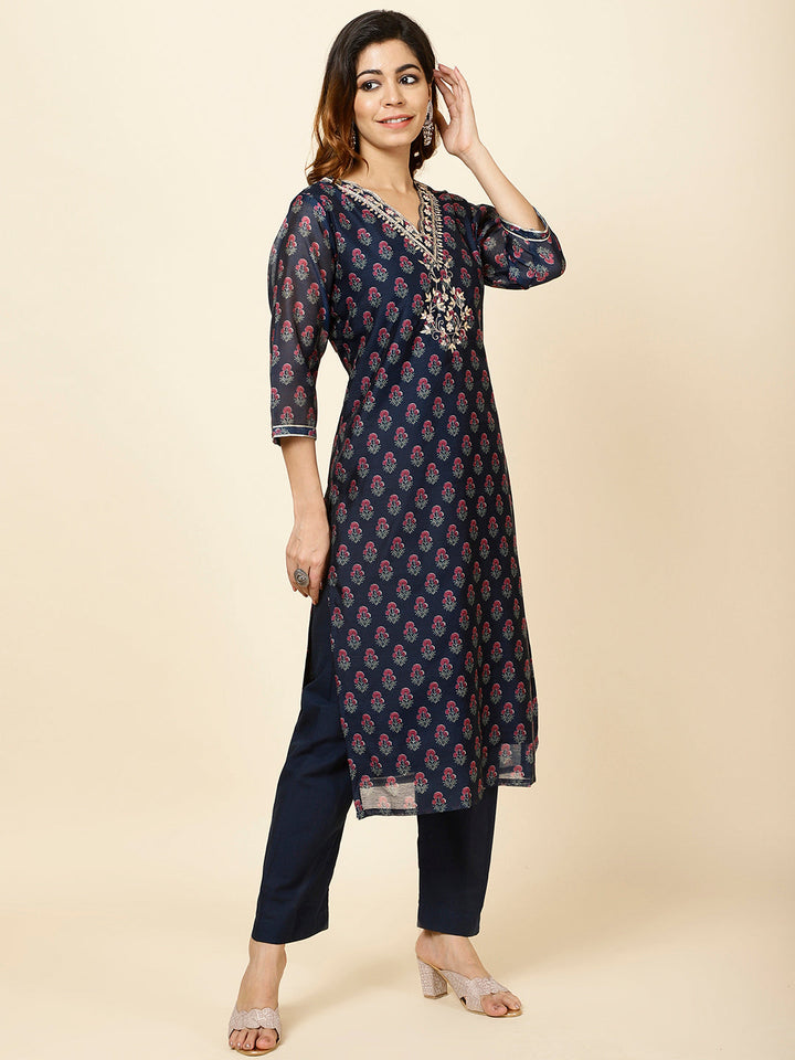 Printed Chanderi Kurta With Pants &amp; Dupatta