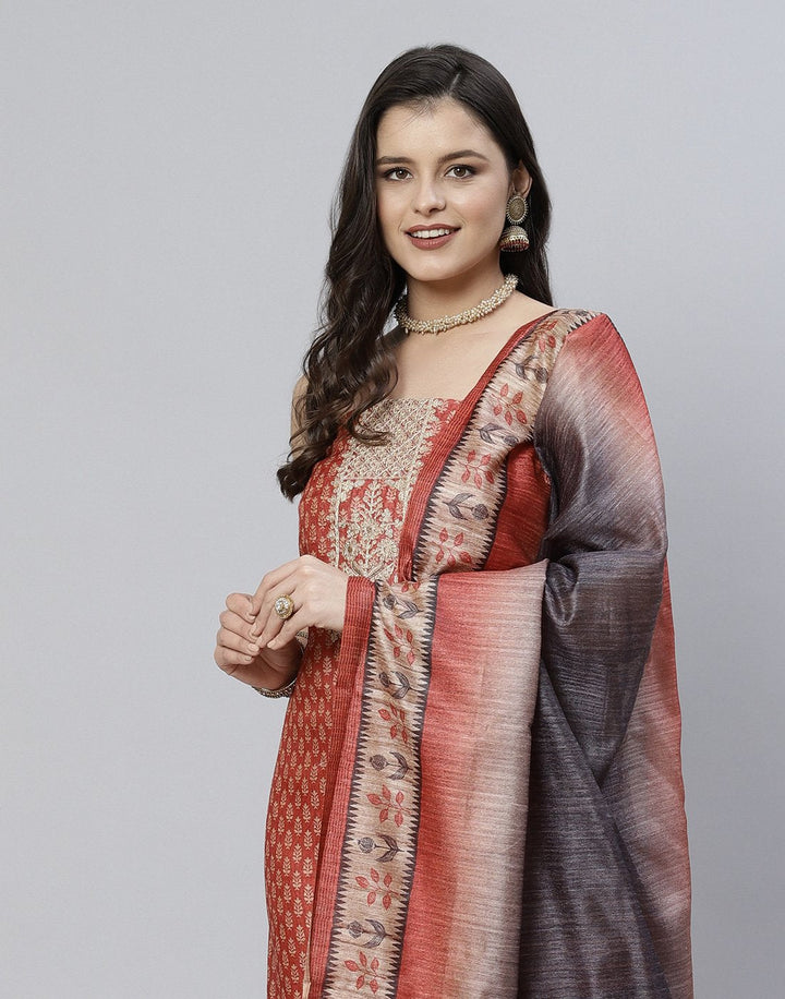 Printed Chanderi Suit Piece With Embroidered Yoke