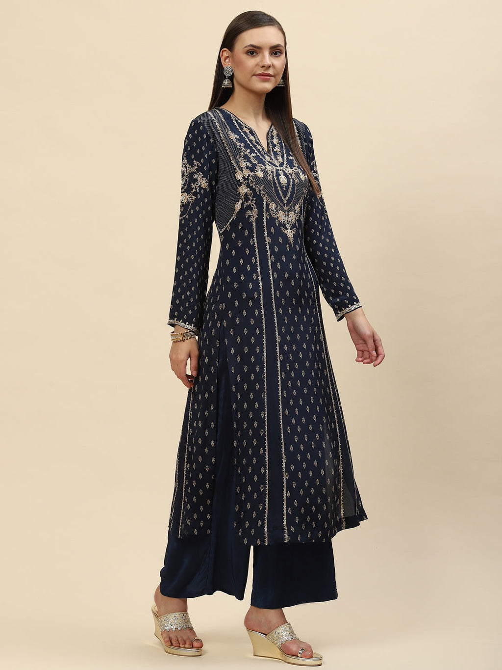 Digital Printed Crepe Kurta With Palazzo & Net Dupatta