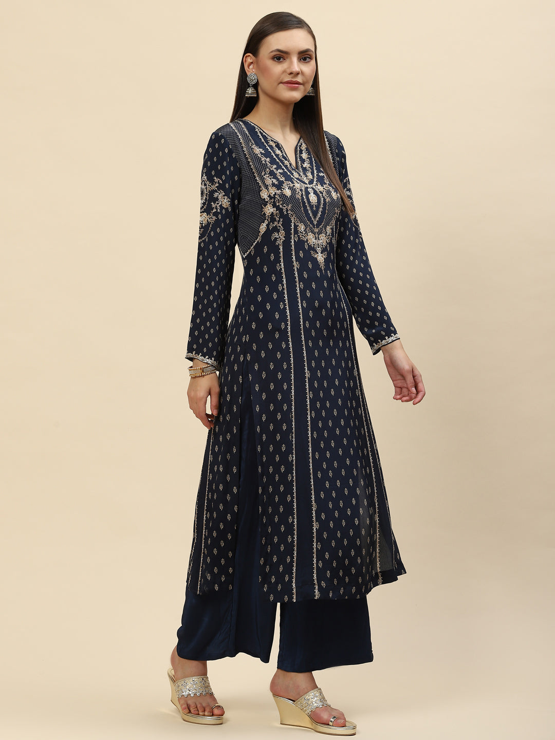 Digital Printed Crepe Kurta With Palazzo &amp; Net Dupatta