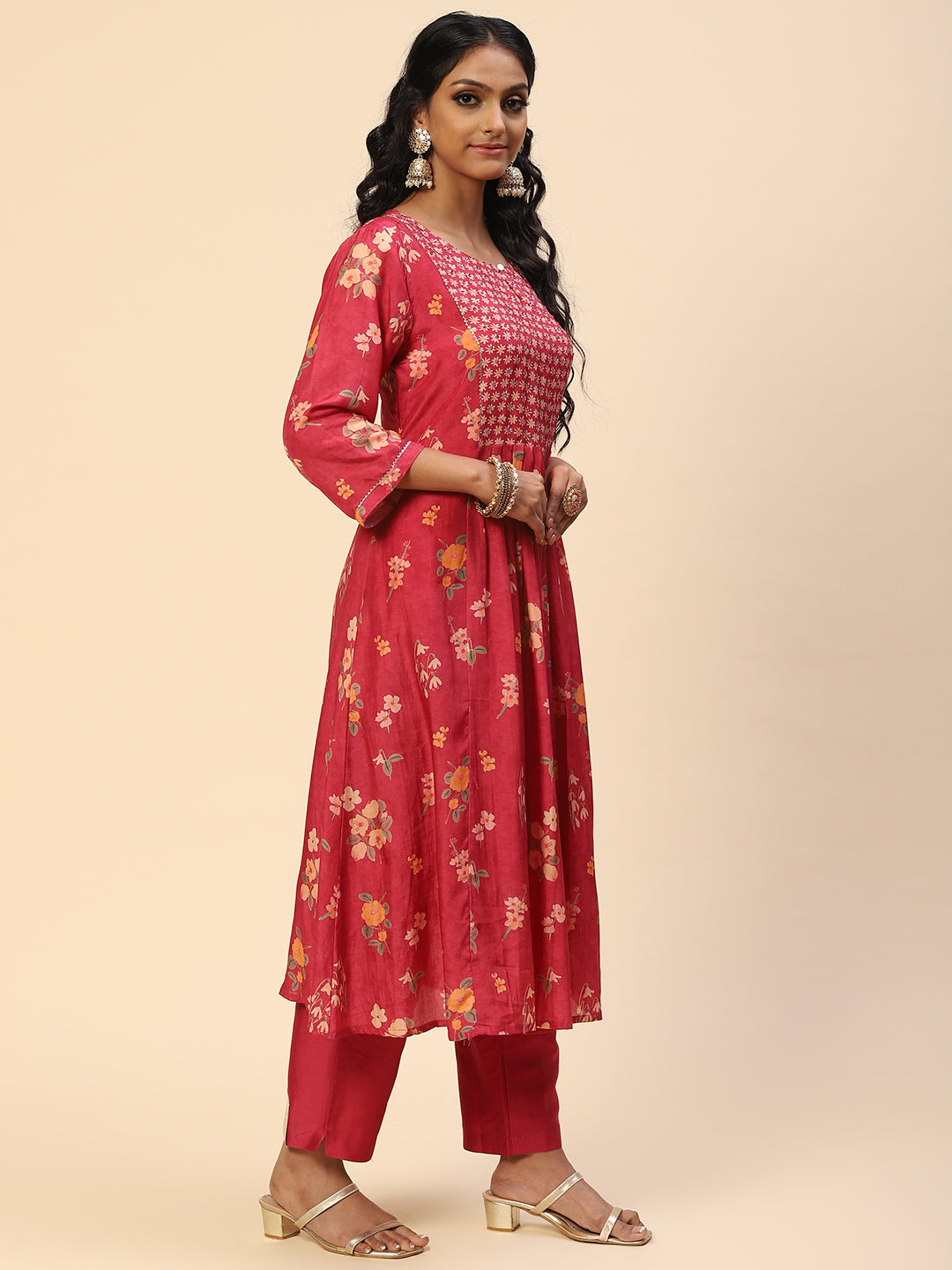 Floral Printed Embroidered Cotton Kurta With Pants