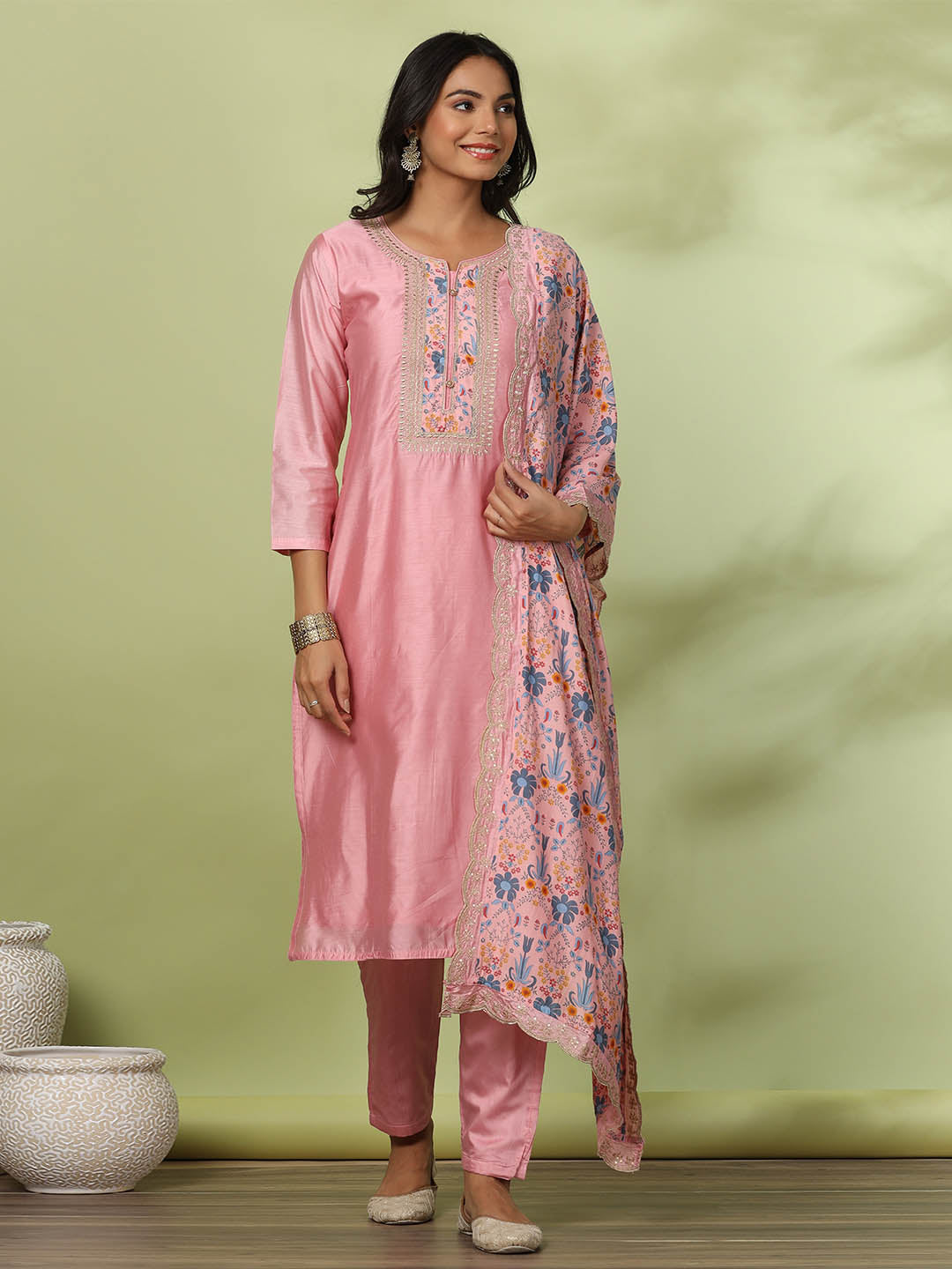 Neck Embroidered Chanderi Kurta With Pants &amp; Dupatta