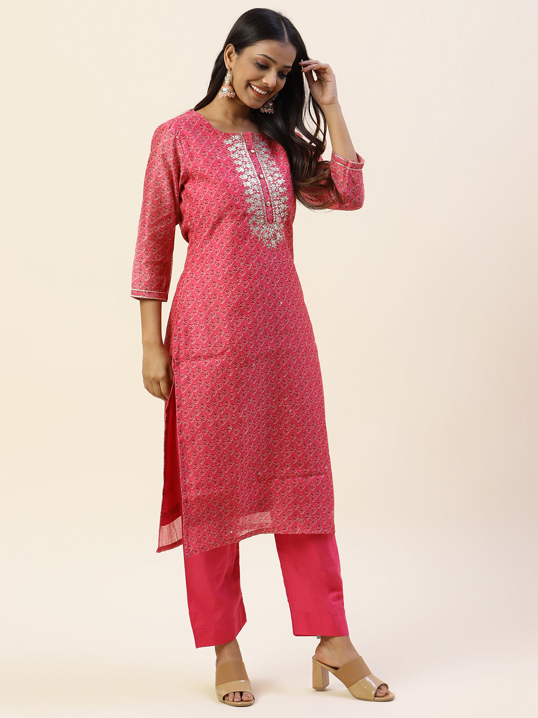 Printed &amp; Yoke Embroidered Chanderi Kurta With Pants
