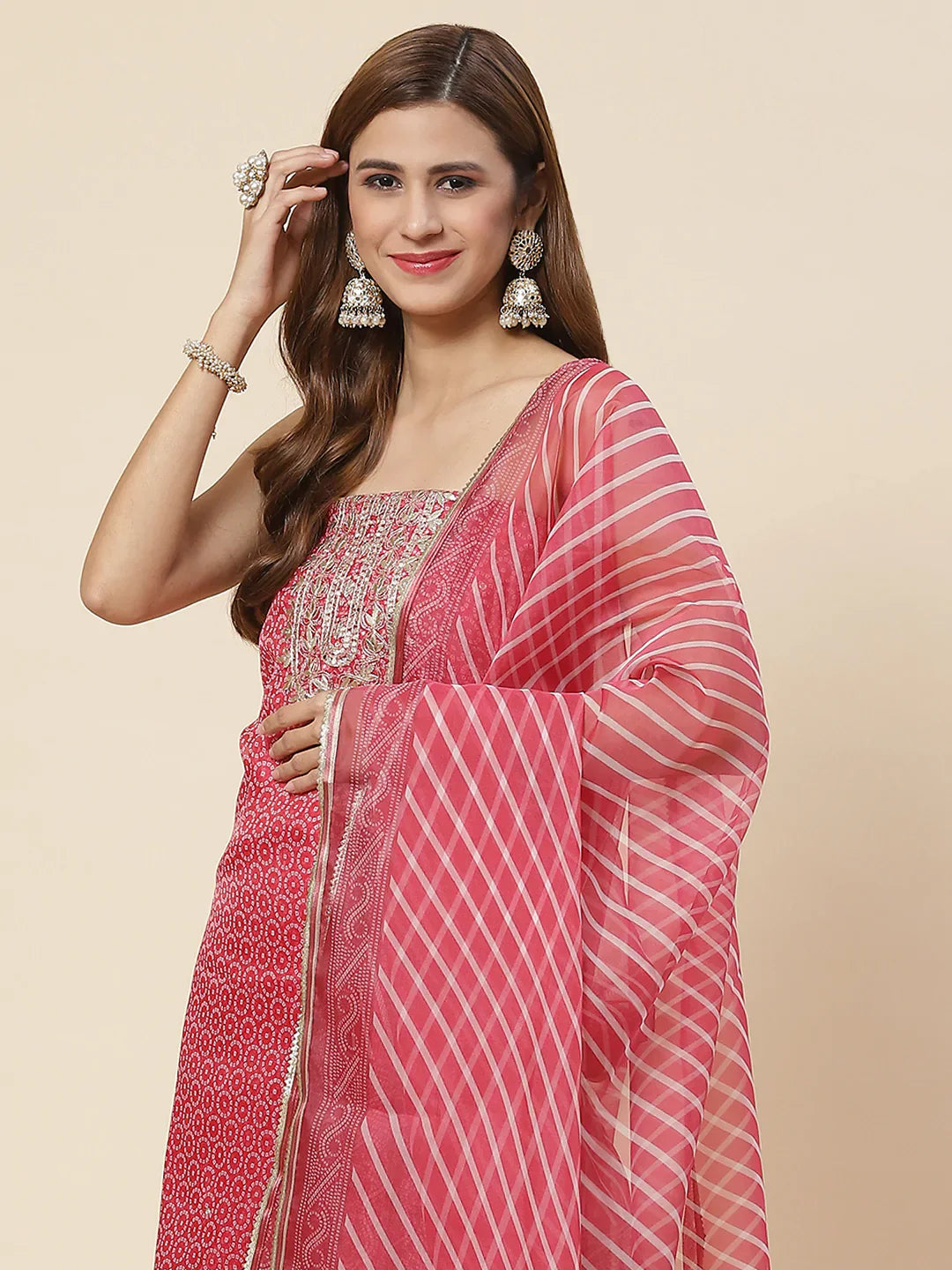 Bandhani Printed Organza Unstitched Suit Piece With Dupatta