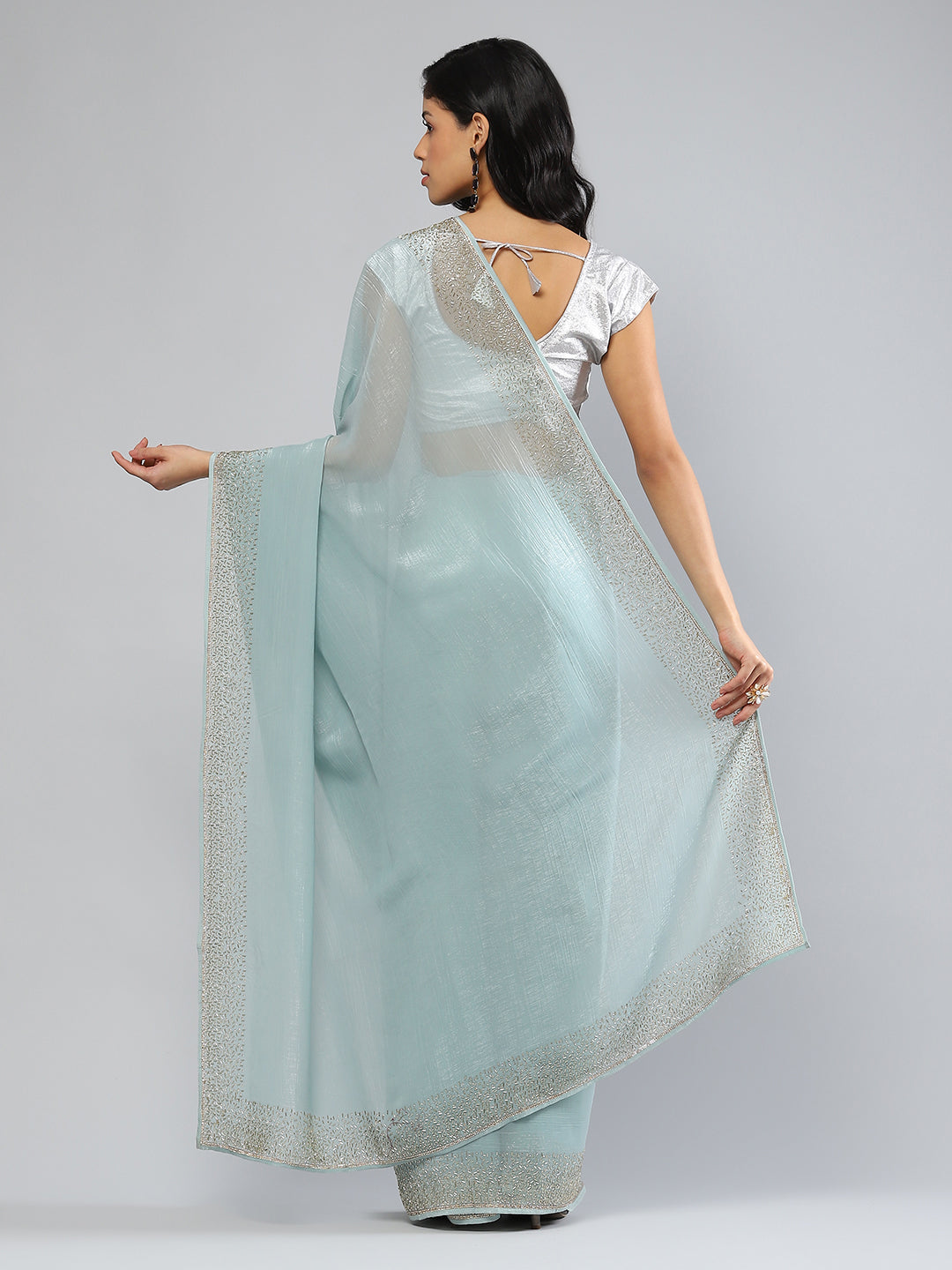 Swarovski Border Art-Chiffon Plain Saree