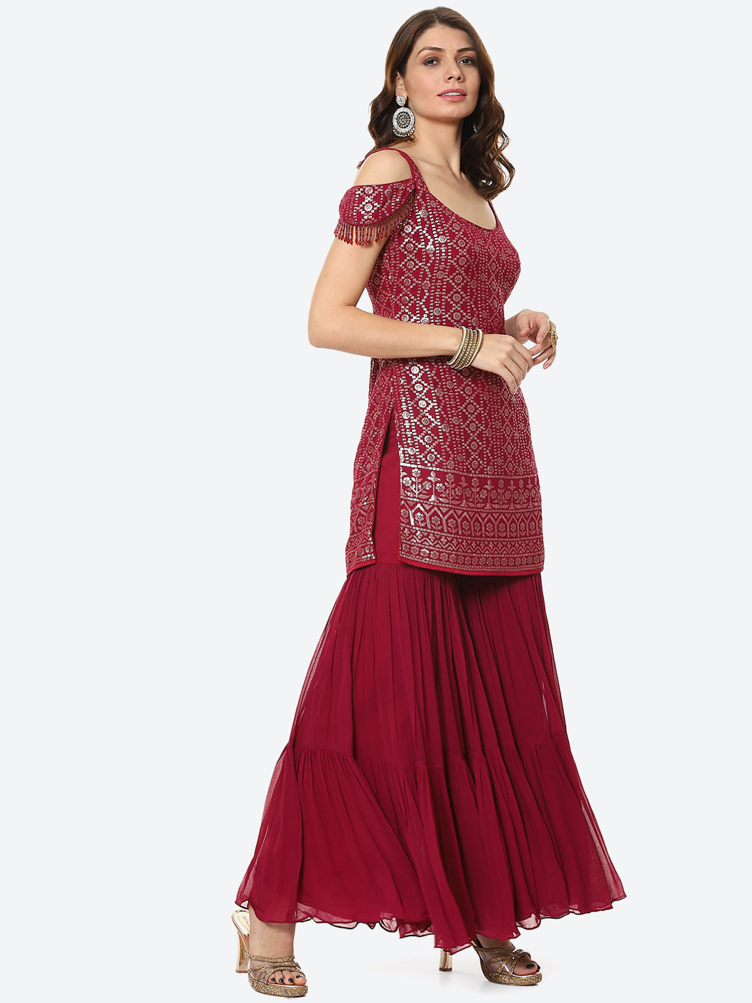 Sequin Georgette Kurti With Palazzo &amp; Georgette Dupatta