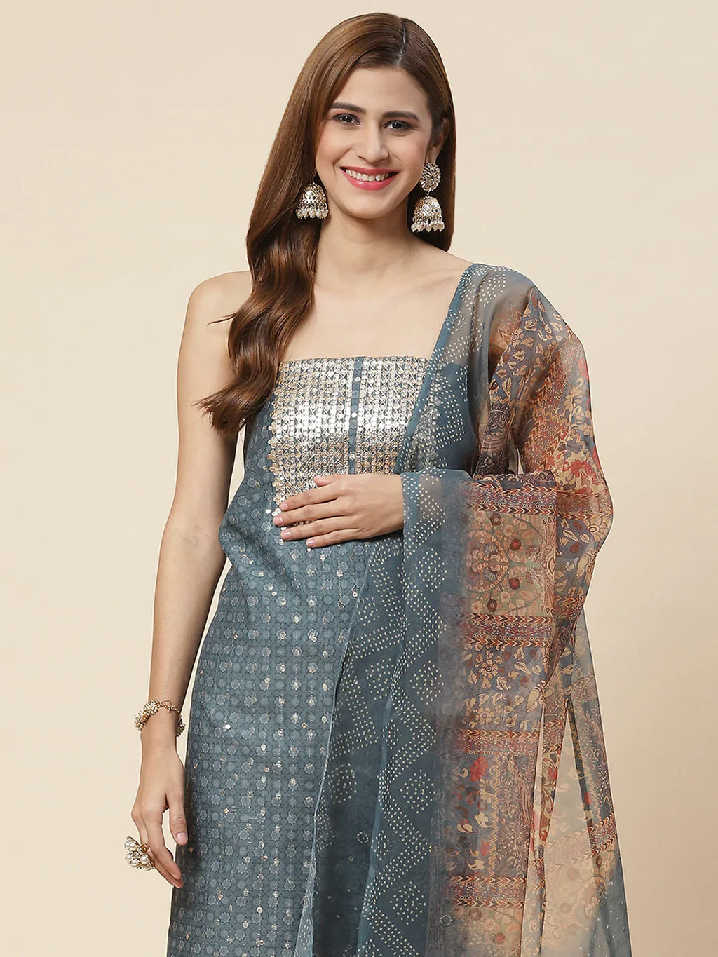 Neck Embroidered & Printed Chanderi Unstitched Suit Piece With Dupatta