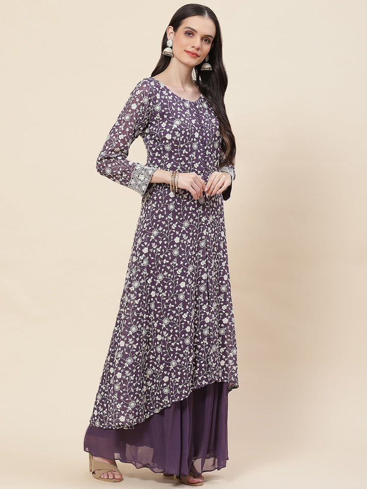 Embroidered Georgette Kurta With Palazzo &amp; Dupatta