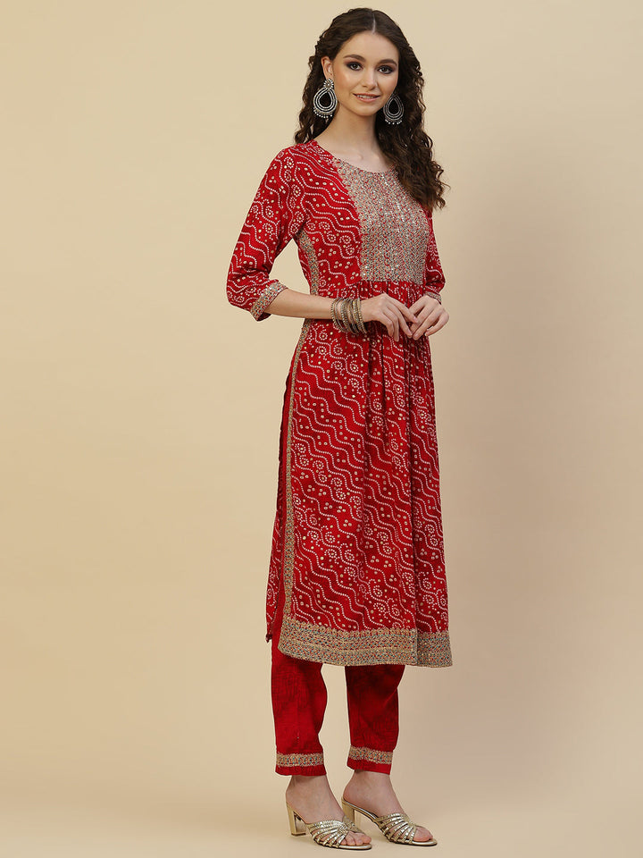 Bandhani Printed Cotton Kurta With Pants &amp; Dupatta
