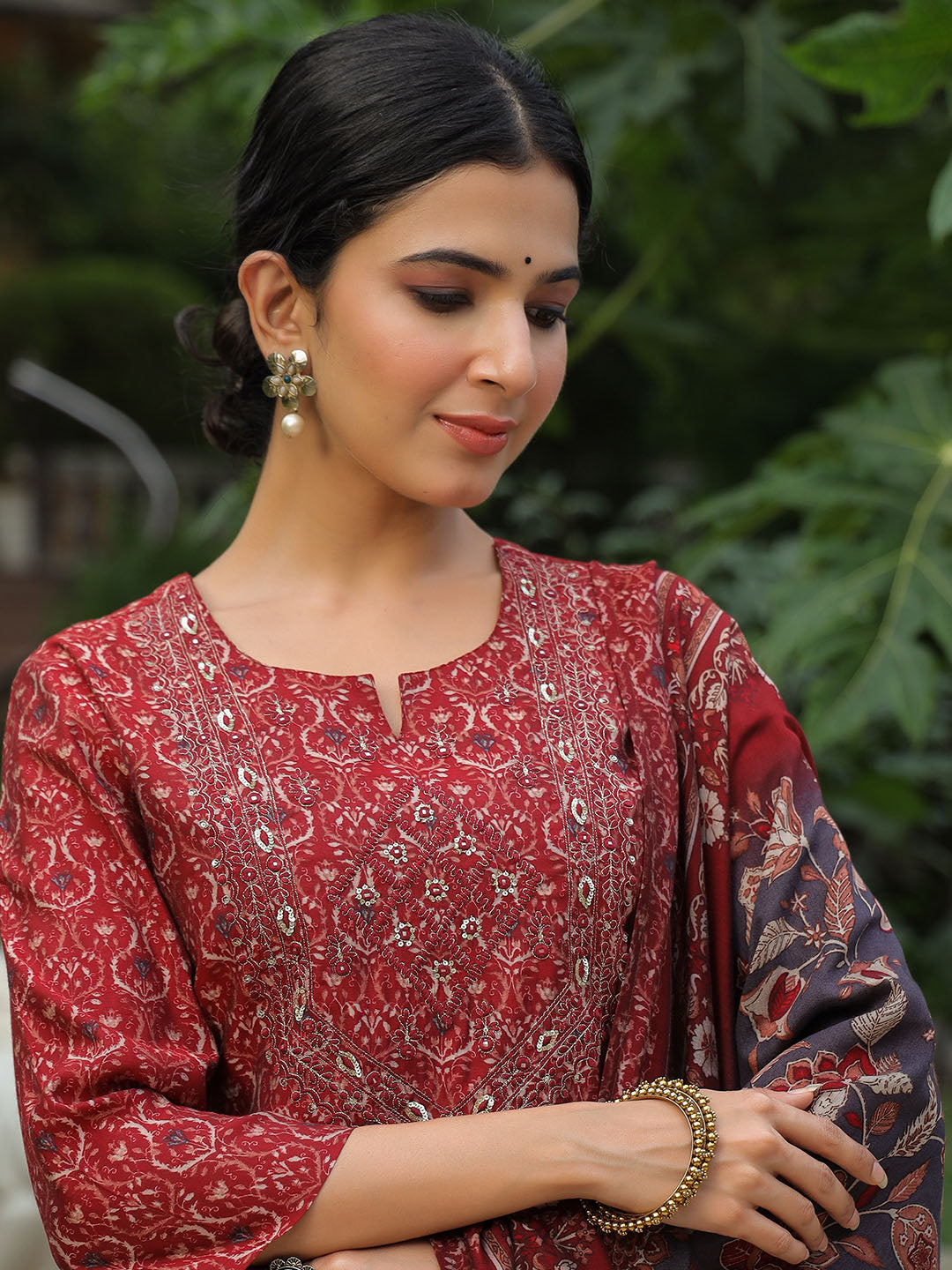 Printed Neck Embroidered Cotton Kurta With Pants &amp; Dupatta