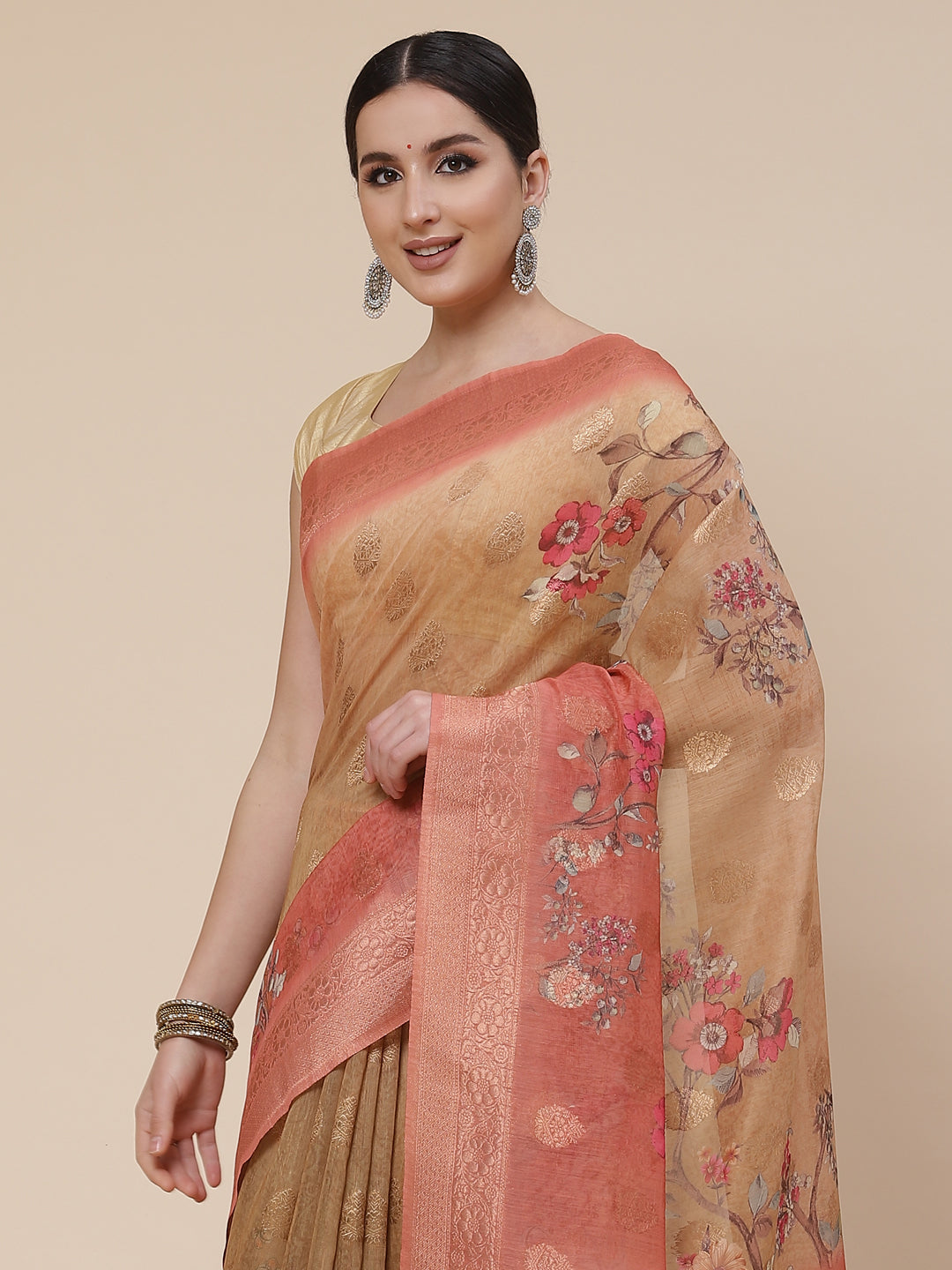 Floral Digital Printed Banarasi Jaal Cotton Saree