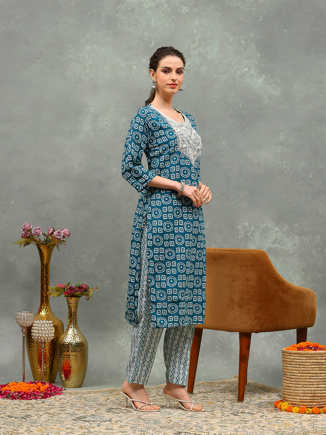 Printed Cotton Blend Kurta With Pants &amp; Dupatta