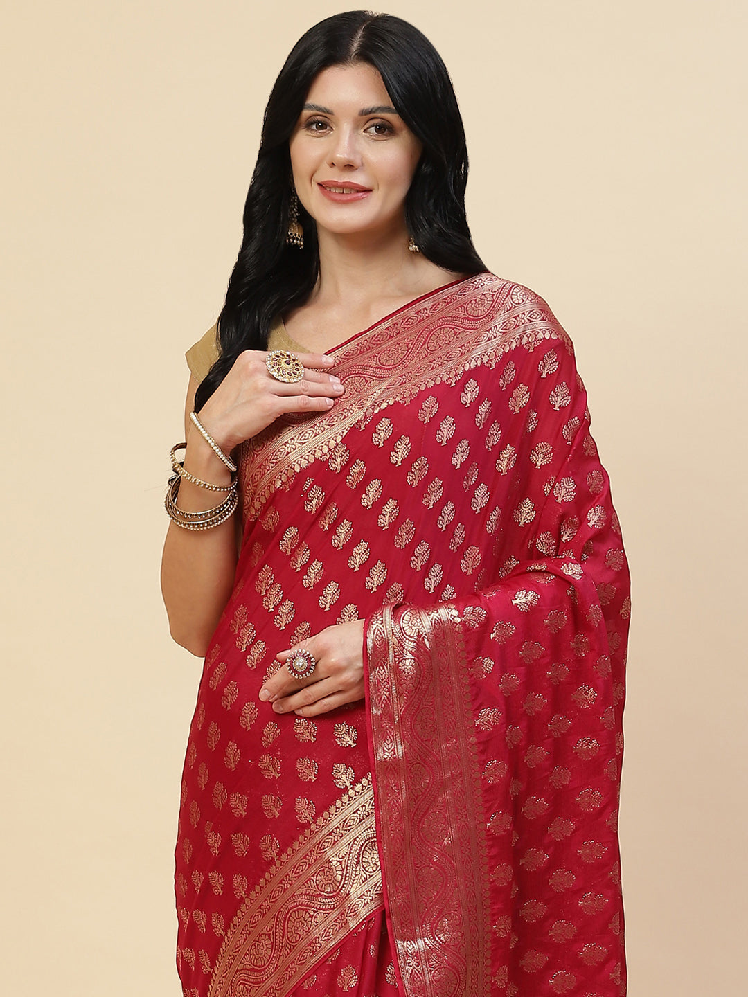 Zari Border Booti Chiffon Plain Saree