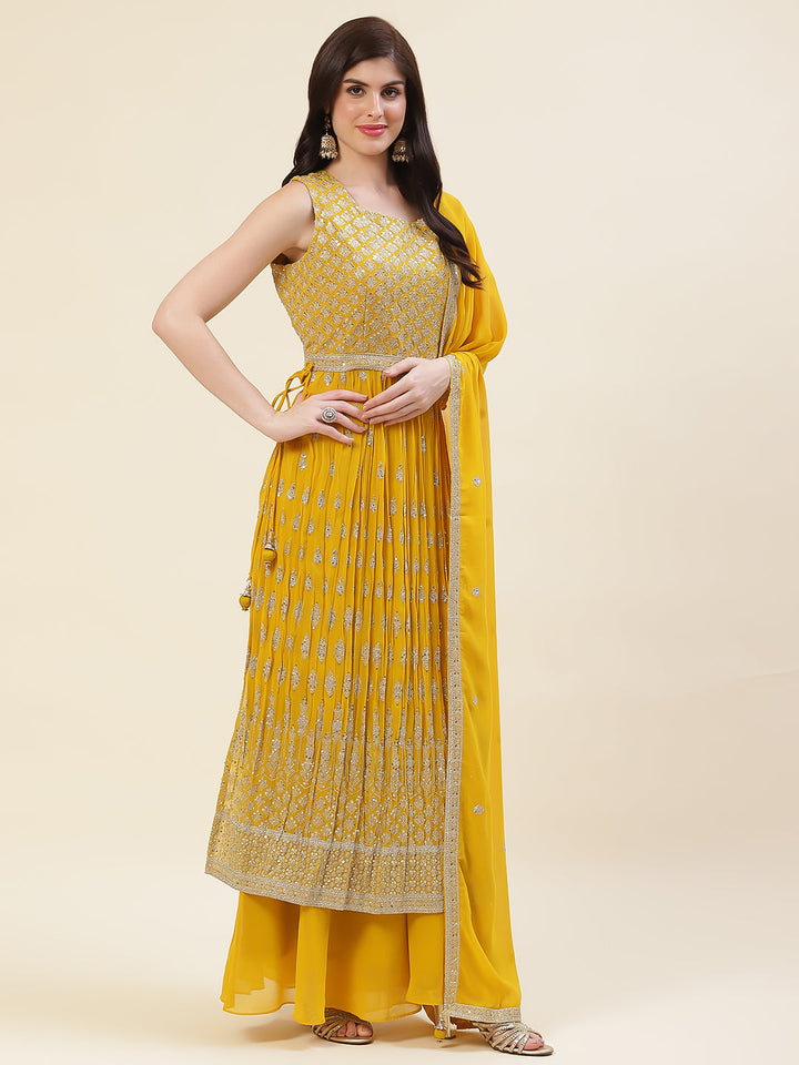 Sequin Embroidered Georgette Kurta With Palazzo &amp; Dupatta