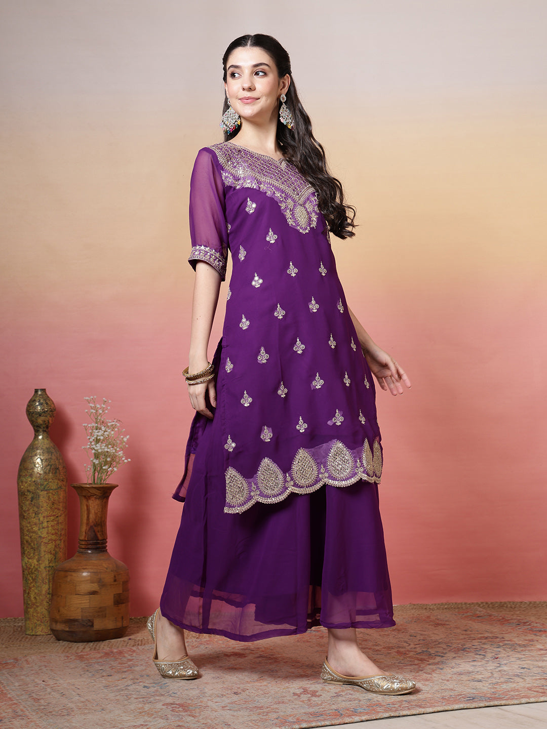 Embroidered Georgette Kurta With Sharara &amp; Dupatta