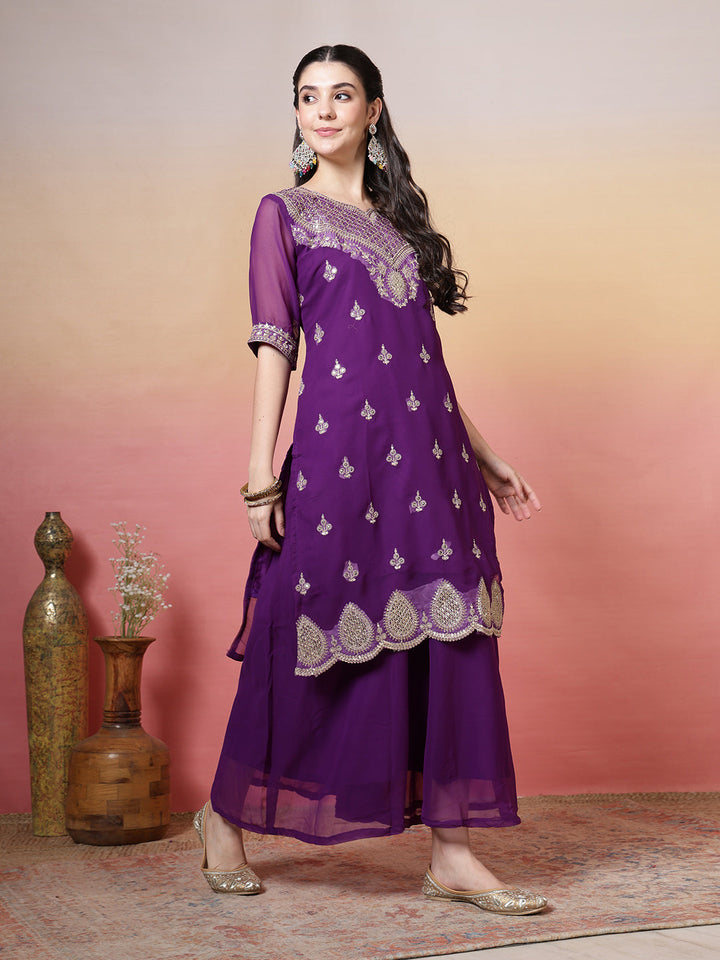 Embroidered Georgette Kurta With Sharara &amp; Dupatta