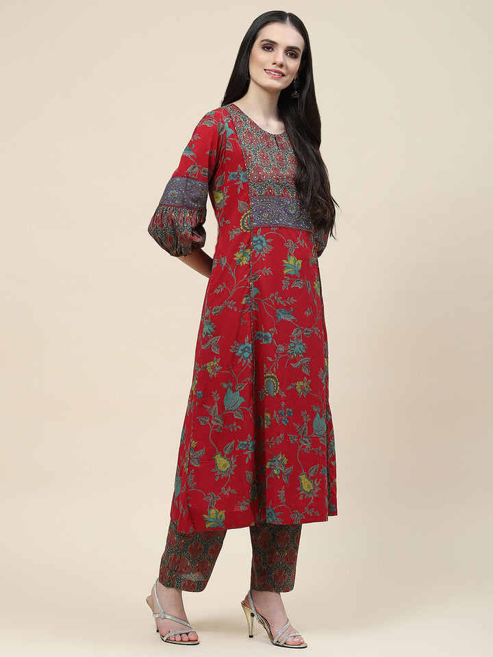 Floral Printed Cotton Kurta With Pants