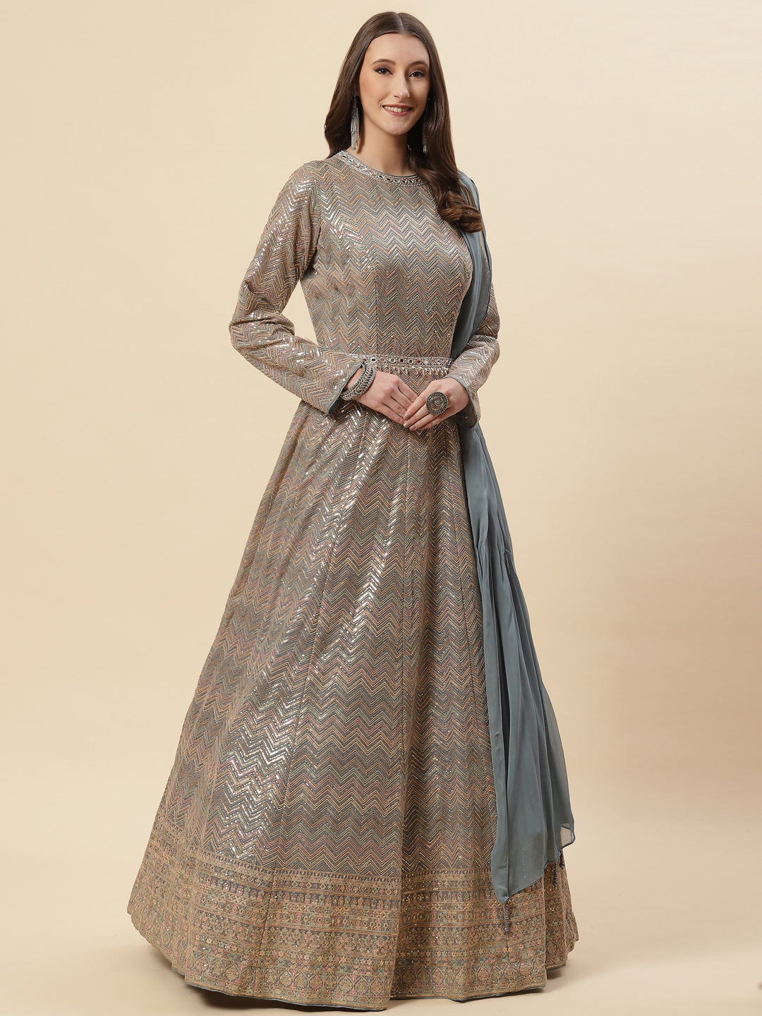 Sequin Embroidered Georgette Anarkali Kurta With Churidar &amp; Dupatta