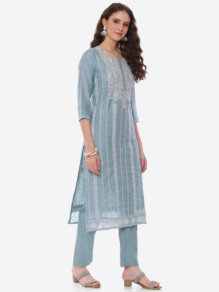 Resham Embroidered Chanderi Kurta With Pant
