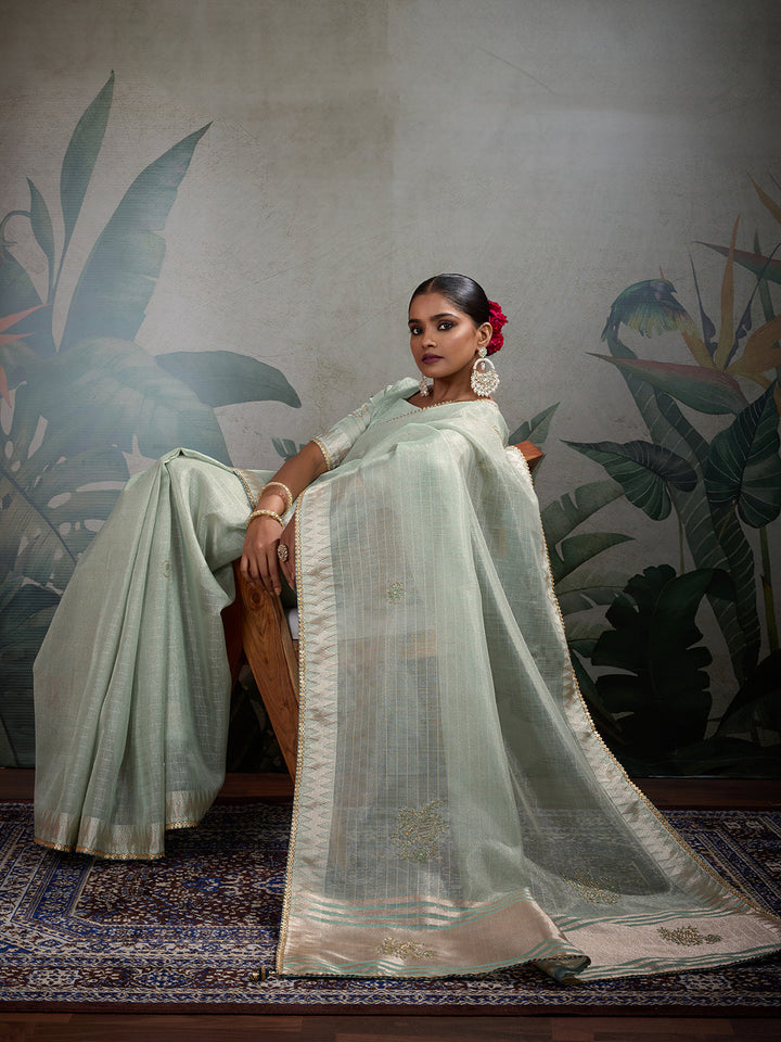 Thread Embroidered Woven Border Linen Saree