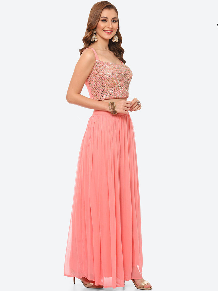Zari Embroidered Georgette Crop Top With Palazzo &amp; Jacket